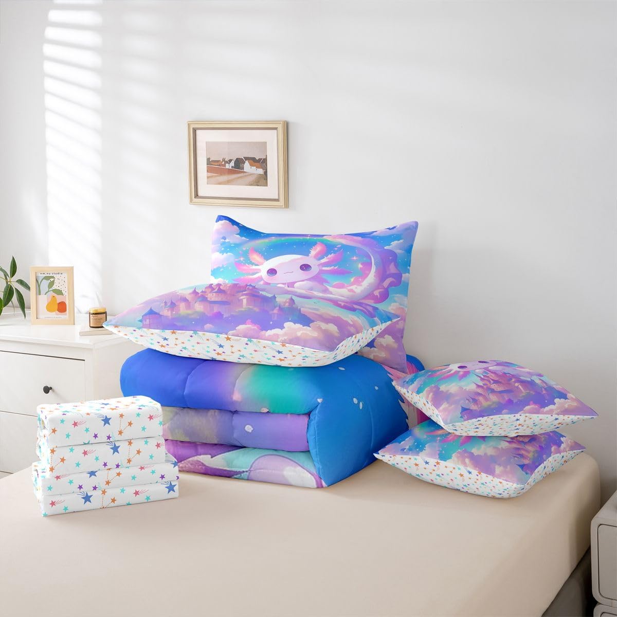 Erosebridal Purple Axolotl Cartoon Girls Rainbow Comforter Set Queen Size 7 Pieces | Dreamy Castle Princess Bed in A Bag Blue Kawaii Salamander Bed Set Kids Teens Women Bedding