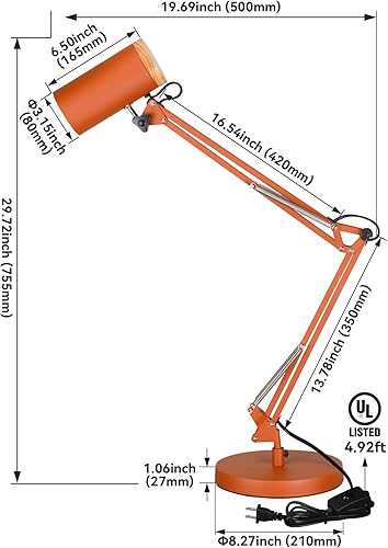Miniatura 7 de TORCHSTAR Lámpara de escritorio alta con brazo oscilante con acento de madera, altura máxima ajustable de gran tamaño 29.7 pulgadas, lámpara de