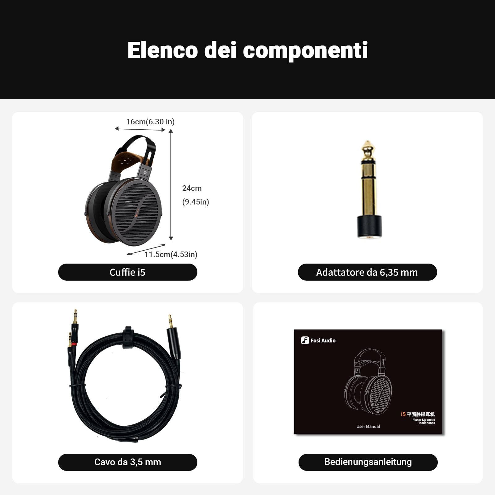 Fosi Audio i5 Cuffie Magnetiche Planari Open-back con Diaframma Ultra-grande da 97 mm, Metallo CNC e legno di noce, Cuffie da Studio cablate audiofile per dispositivi multi-sorgente