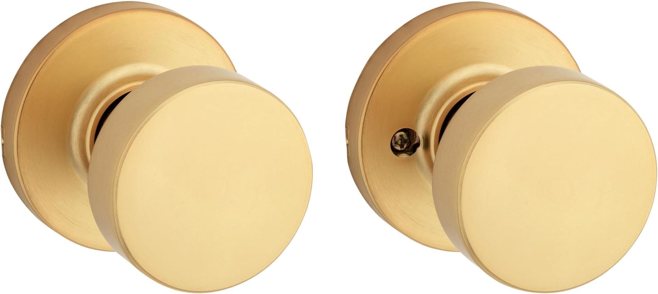 Kwikset Pismo Interior Passage Door Knob, Handle for Closet and Hallway Doors, Non-Locking Doorknob, Satin Brass, Round, Microban Protection (Pack of 10)