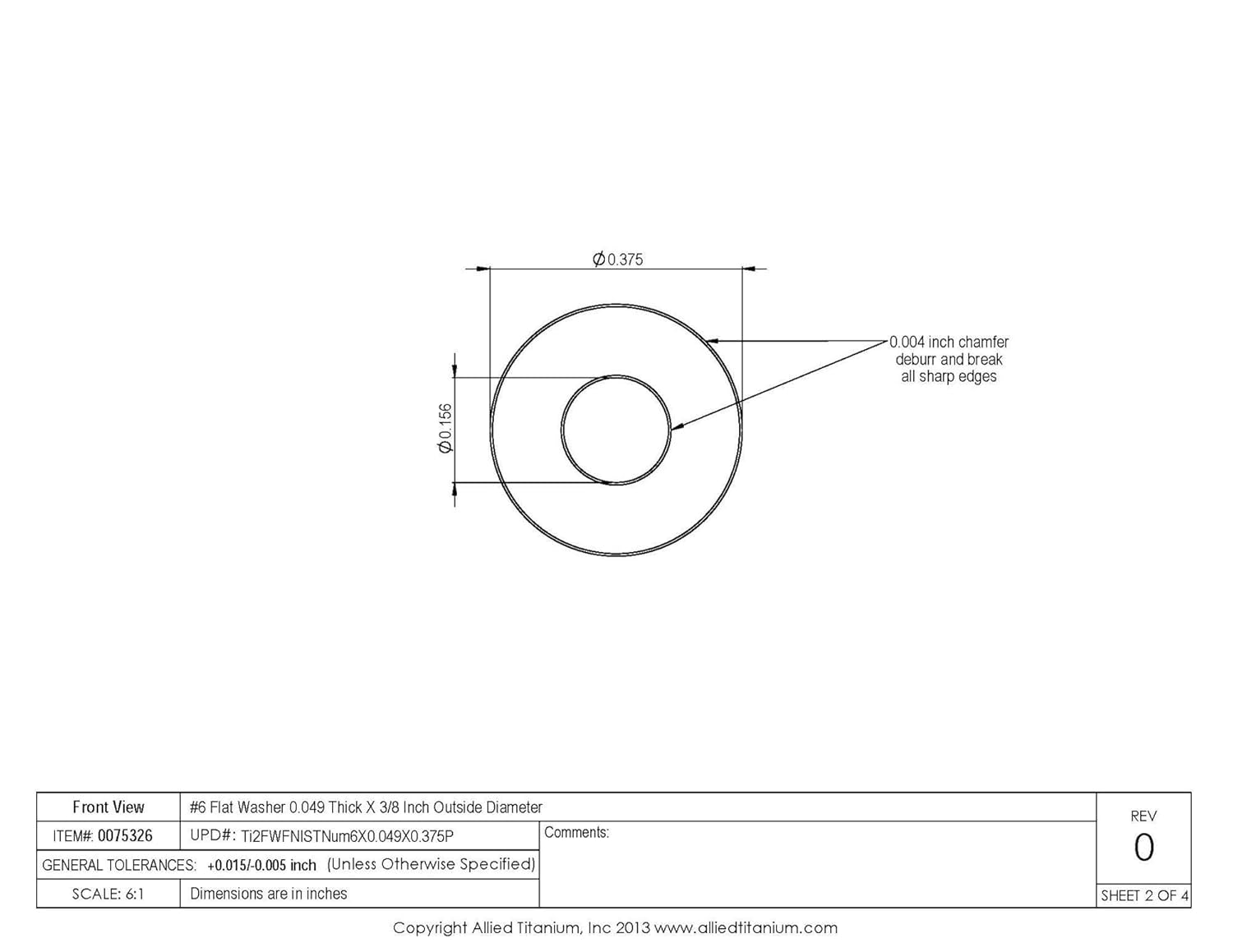 0075326, (Pack of 50) #6 Inch Titanium Flat Washer 0.049 Thick X 3/8 Inch OD, Grade 2 (CP)