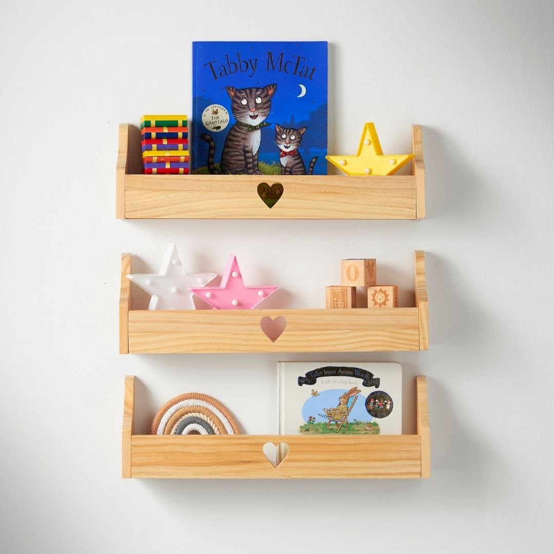 Haus Projekt Mensola a Parete per Bambini Cuore Scaffale Libreria Bambini, Mensole Cameretta, Organizer, Soluzione di Stoccaggio Multiuso a Parete, Heart Chubby Shelf (Pacchetto 3, Pino) 50x10x16cm