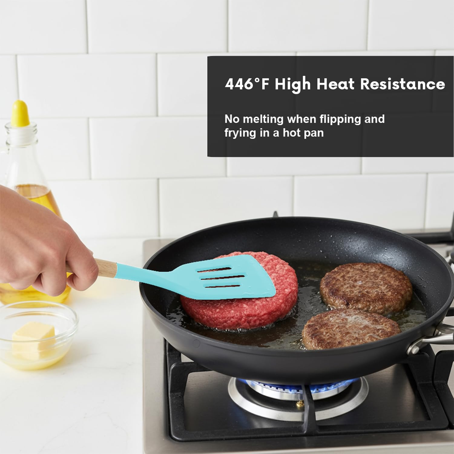 AEX 12-teiliges Silikon-Küchenutensilien-Set mit Halter, hitzebeständige Kochutensilien für antihaftbeschichtete Pfannen, Holzgriff, Spatel und Löffel, Küchenutensilien-Set (blau)
