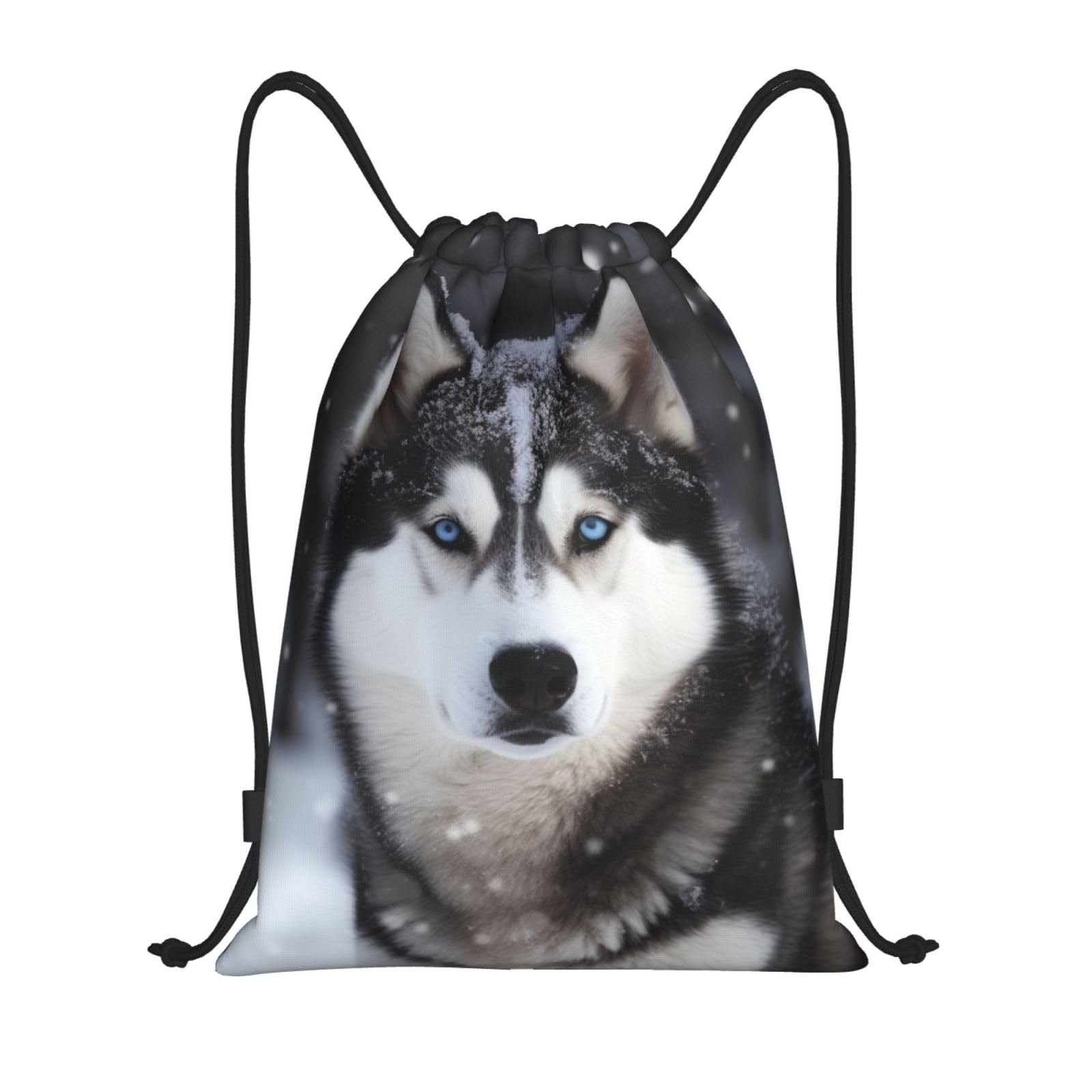OPSREY Husky In Snow Dog Print Drawstring Bag Backpack Waterproof String Bag Sackpack For Gym Sport, Medium, Black