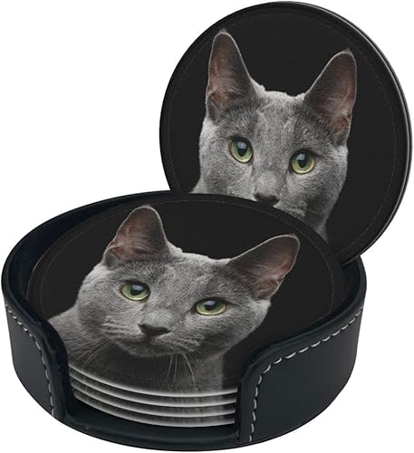 Posavasos de gato ruso azul para bebidas con soporte, posavasos redondos de cuero, juego de 6, adecuados para tipos de tazas, decoración de bares de