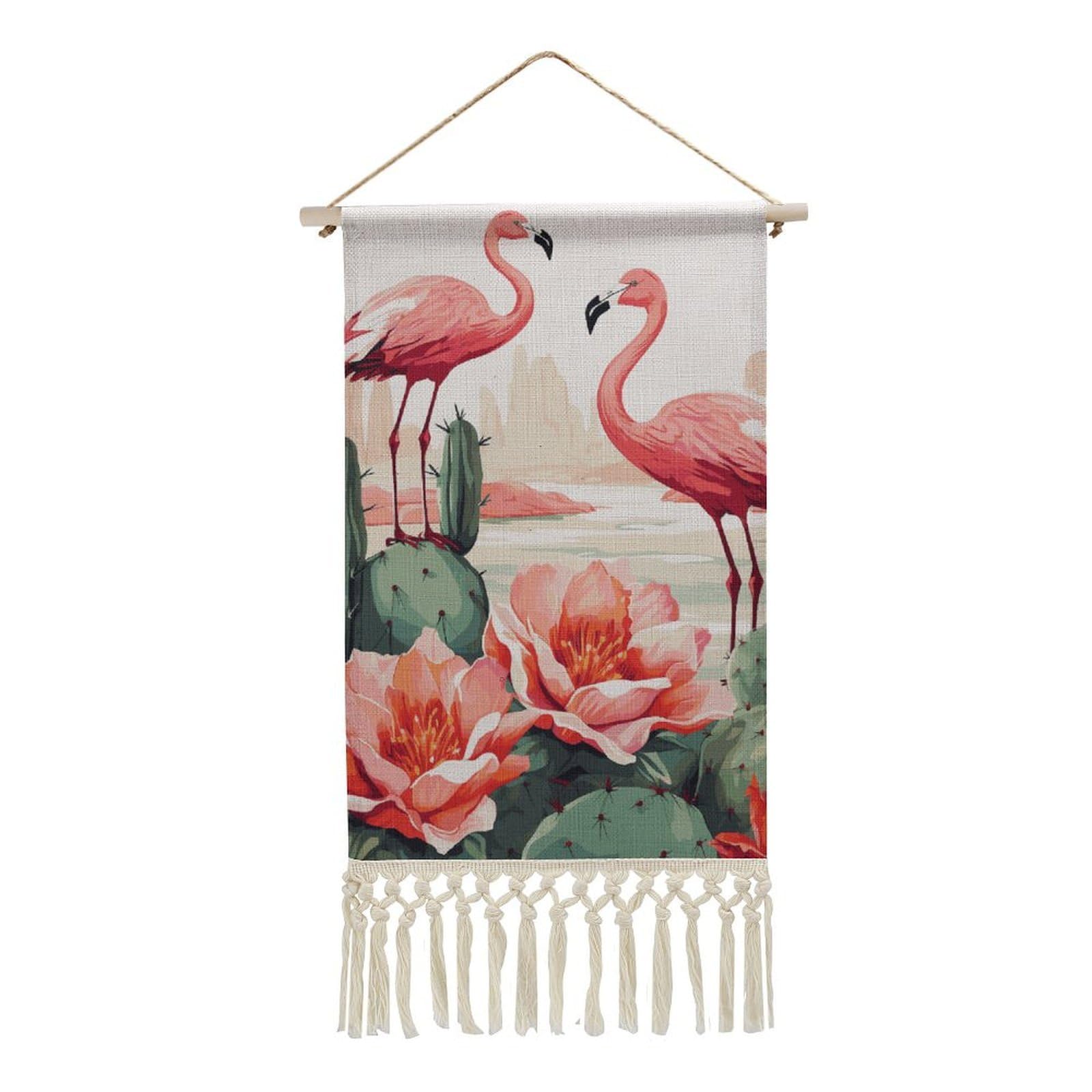 BTCOWZRV Cotton And Linen Hanging Poster with Tassels, Cactus Flamingo Rose Flowers Wall Hanging Tapestry Vintage Wall Art Painting Modern Artwork Decoration for Home Decor Ready to Hang 10x19.6 in