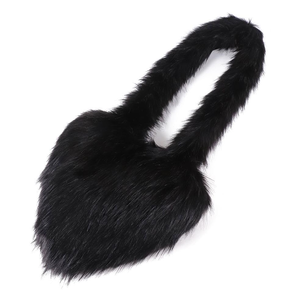 YLTXZDJNZ Womens Faux Fur Shoulder Bag Furry Purse Handbag Crossbody Bag Heart Shaped with Shoulder Strap (Large Black)