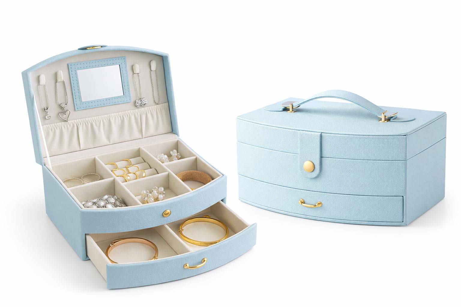 Top Sale Jewellery Box Organiser with Mirror & Drawer, Multi Layer Jewellery Storage Case, Necklace Hooks Ring Holder Compartments, Portable Travel Jewellery Box, Soft Pastel Blue Gift for Her