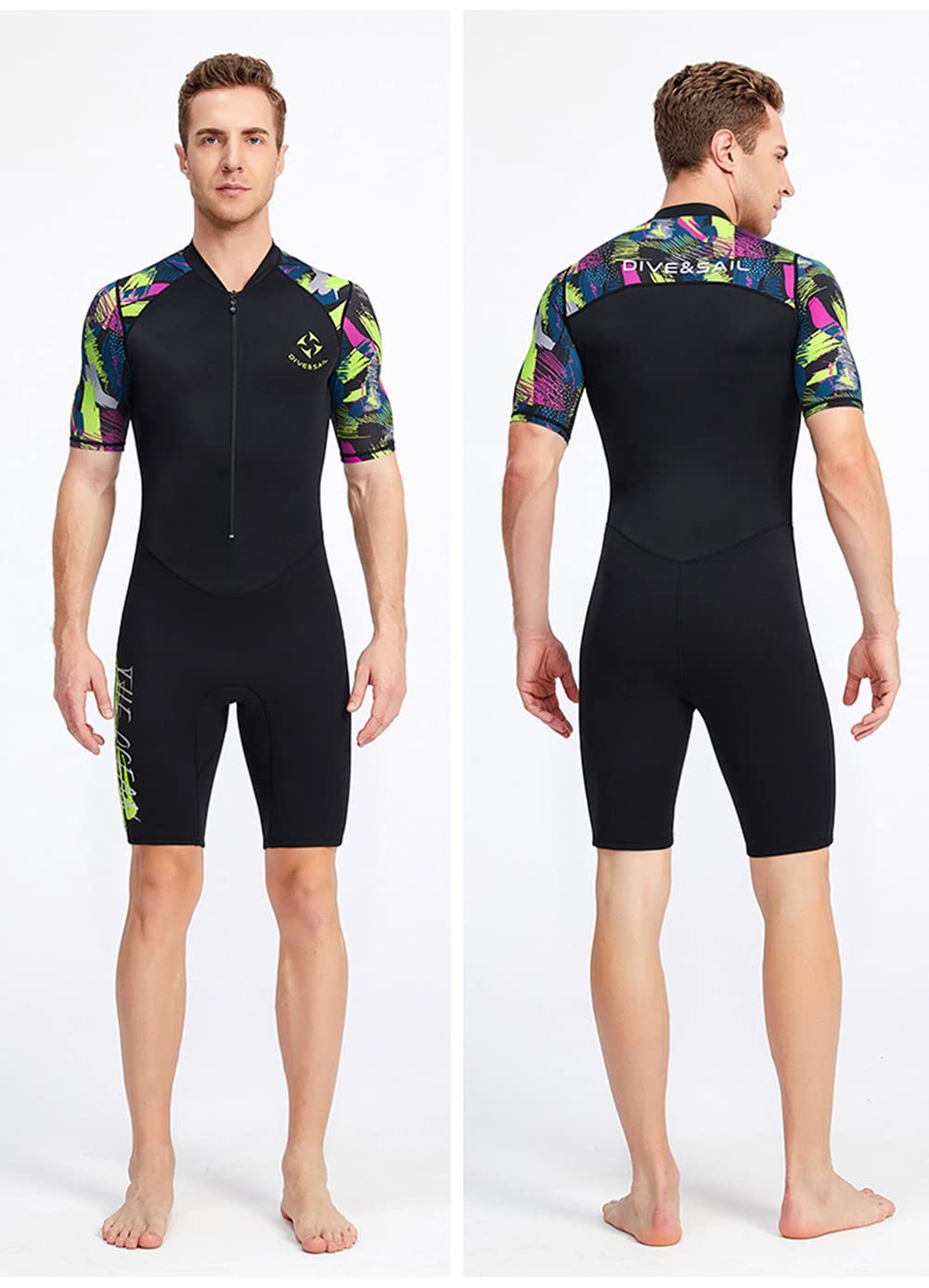Traje de neopreno fino para hombre, de manga corta, estampado, esnórquel, natación, surf, parte superior de nailon, protección solar, pantalones cortos térmicos de neopreno de 1,5 mm