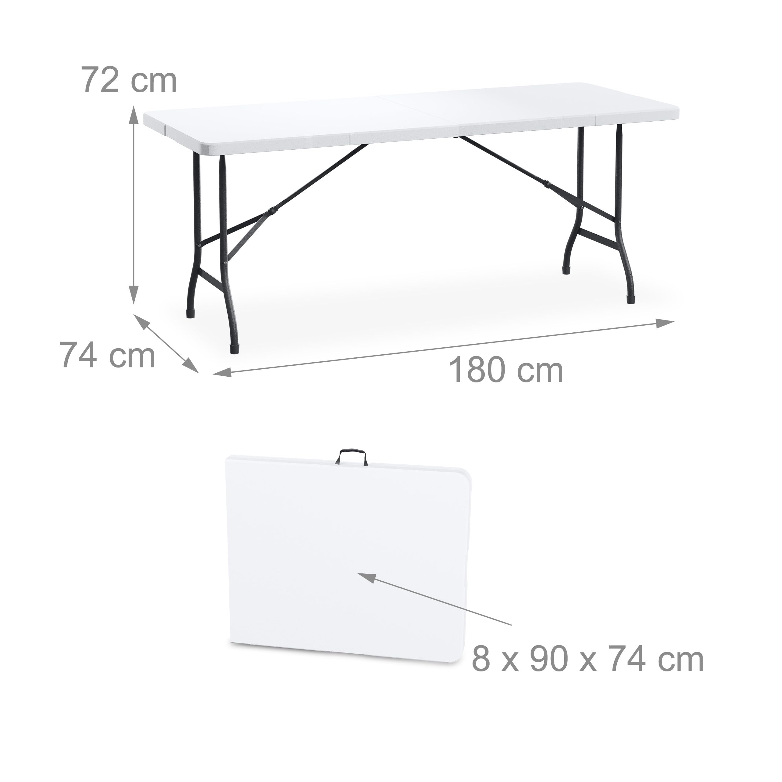 Relaxdays Mesa Jardín, Plegable, 72x180x74 cm, Plástico, Acero, Resistente, 8 Personas, Tablero Camping, Blanco