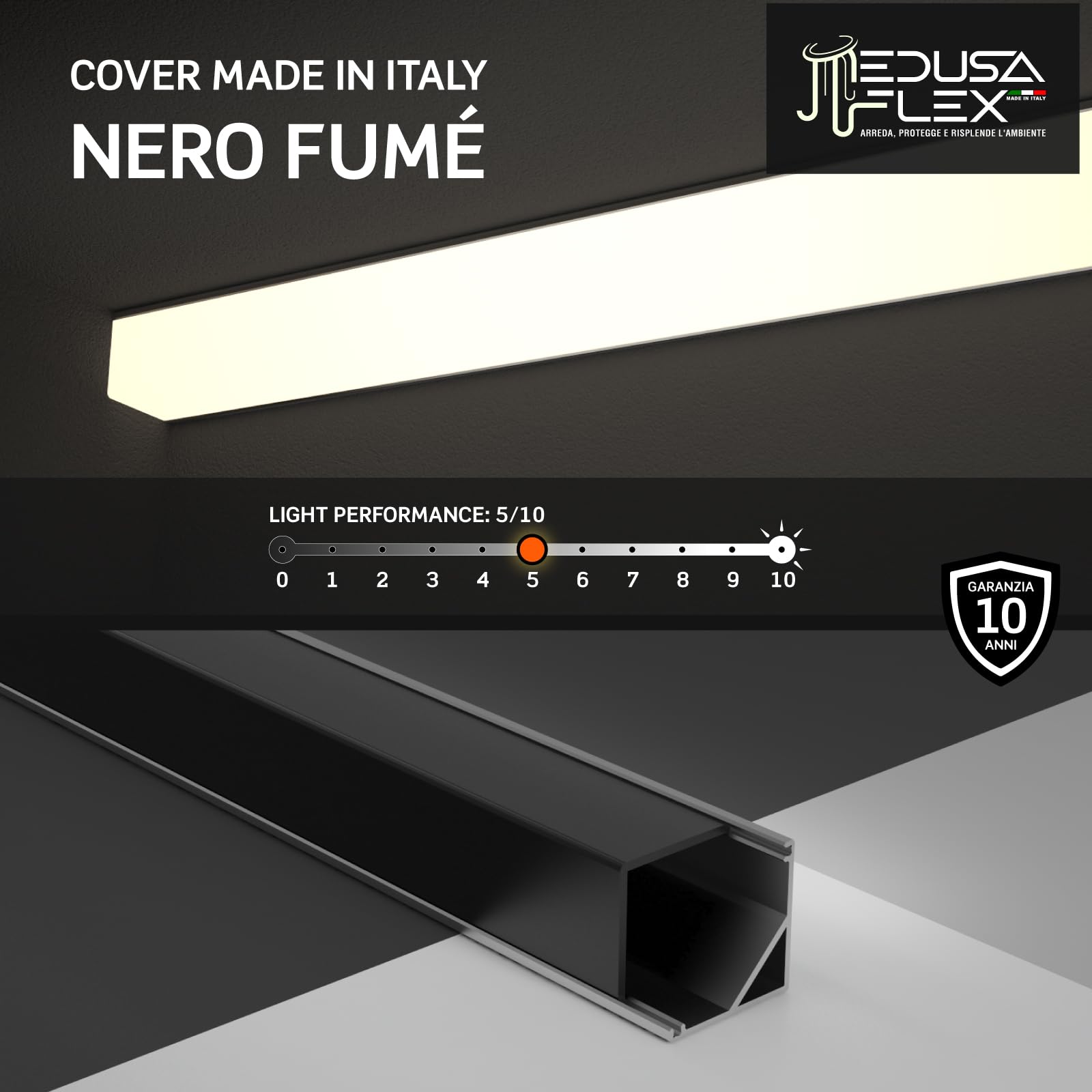 Profilo Alluminio Angolare per Strisce LED con copertura Professionale Nera Made in Italy MedusaFlex CUBO in Policarbonato - Pacco da 5 (10m) 2000 x 15.8 x 15.8mm - Cover standard opaca inclusa
