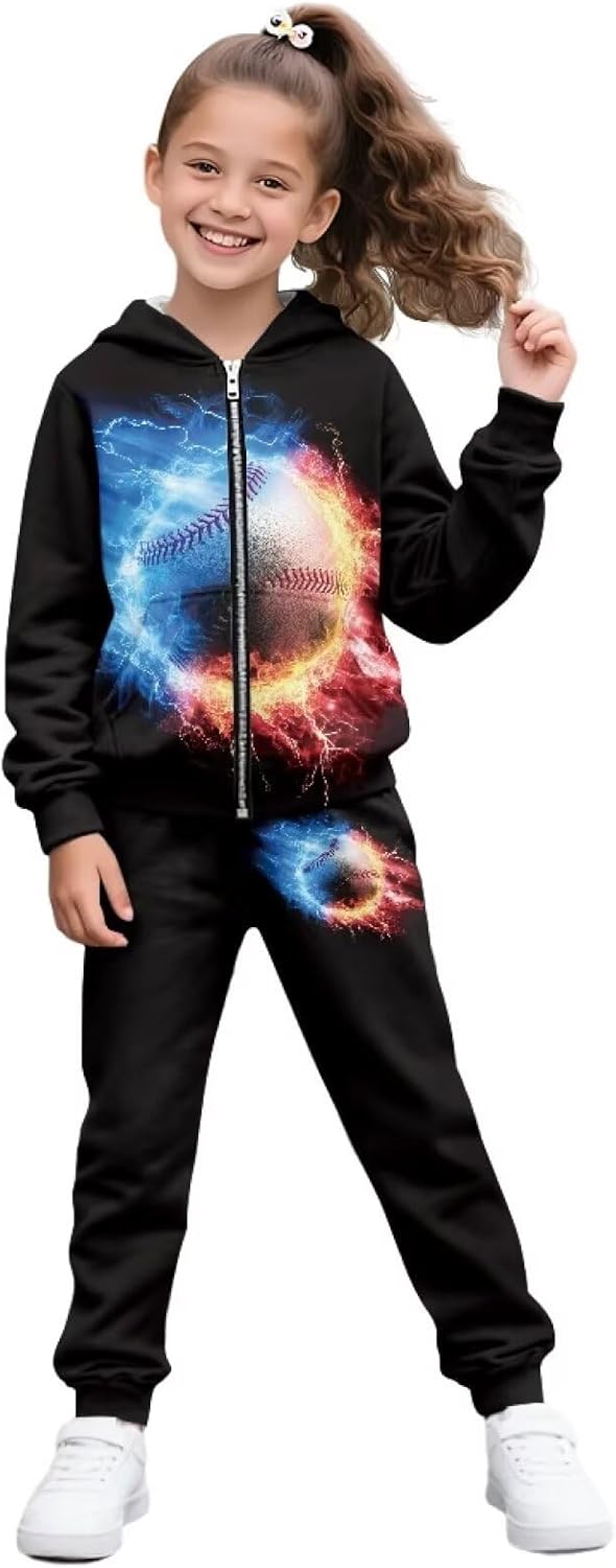 Girl's 2 Piece Tracksuits Zip Up Long Sleeve Sweat Suit Unisex Jogger Set Hoodie and Sweatpant with Pocket