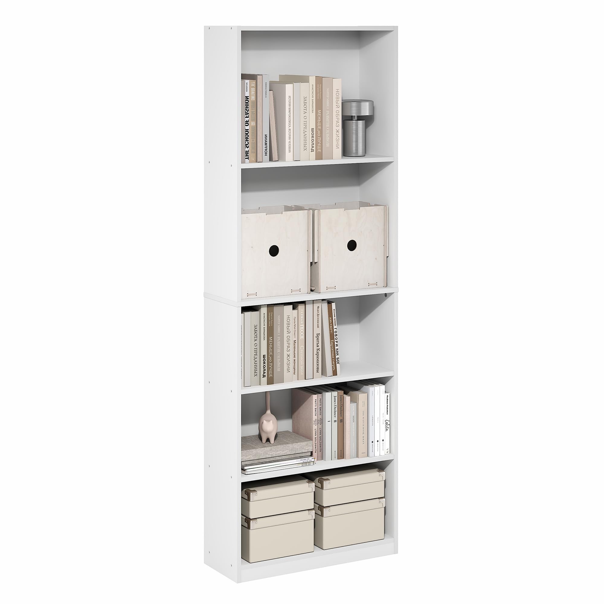 Furinno Jaya Book Shelf, 5-Tier Tall Book Shelf, Bookcase with Open Shelving, Standing Bookshelf, 9.5 x 24.6 x 71.1, for Organization and Storage, for Home Office, Living Room, White