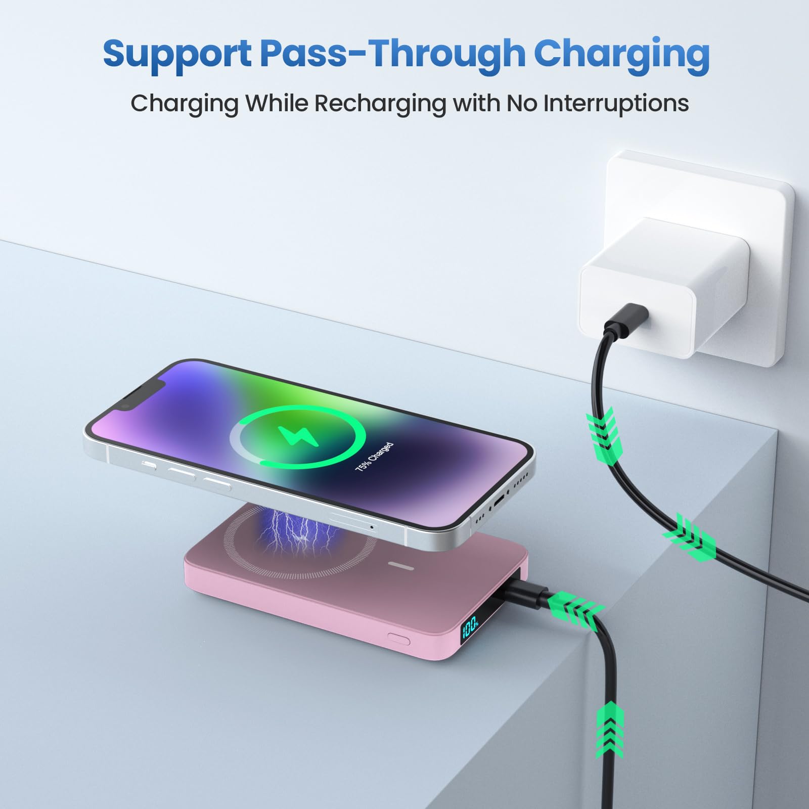 HETP Magnetico Power Bank, 10800mAh Caricabatterie Portatile Wireless PD 20W USB-C Ingresso/Uscita Ricarica Rapida Powerbank con Display LED Compatibile con Magsafe iPhone 15/14/13/12 Serie - Rosa