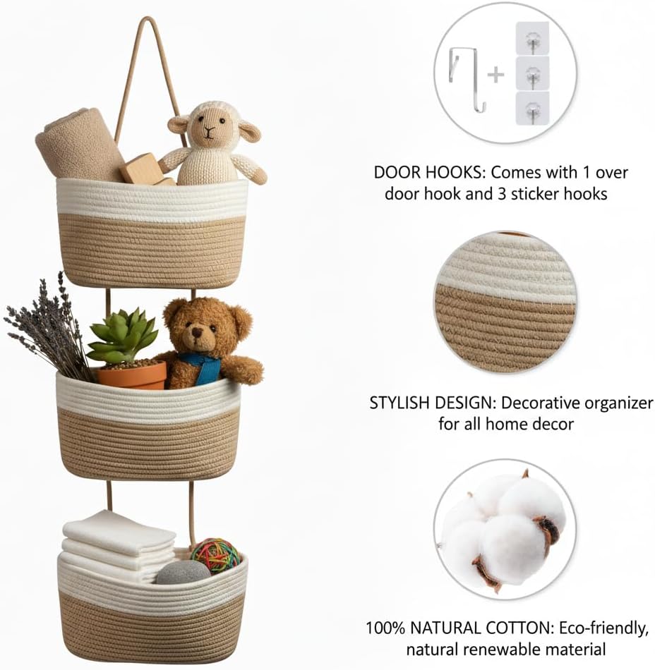 Hanging Wall Basket, Over the Door Hanging Basket with Hooks, 3-Tier Cotton Hanging Basket for Organizing, Decorative Boho Chic Decor for Wall, Bedroom, Living Room, Nursery, Whte & Jute - Image 2