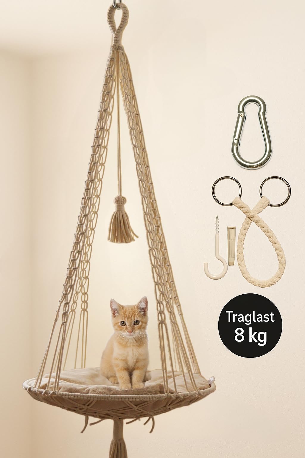 Katzen Hängeschaukel | Handgeknüpftes Katzenbett mit Kissen & Aufhängung | Katzenhängebett | Hängematte | Hamock | Hängeschauckel handgeknüpft (Naturweiß)
