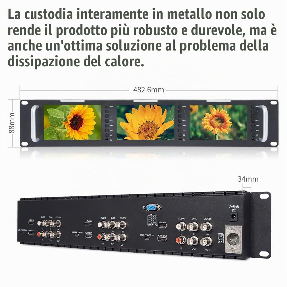 FEELWORLD T51Triple 5 pollici 2RU Broadcast Rack Mount Monitor LCD 800×480 con ingresso e uscita 3G-SDI HDMI AV