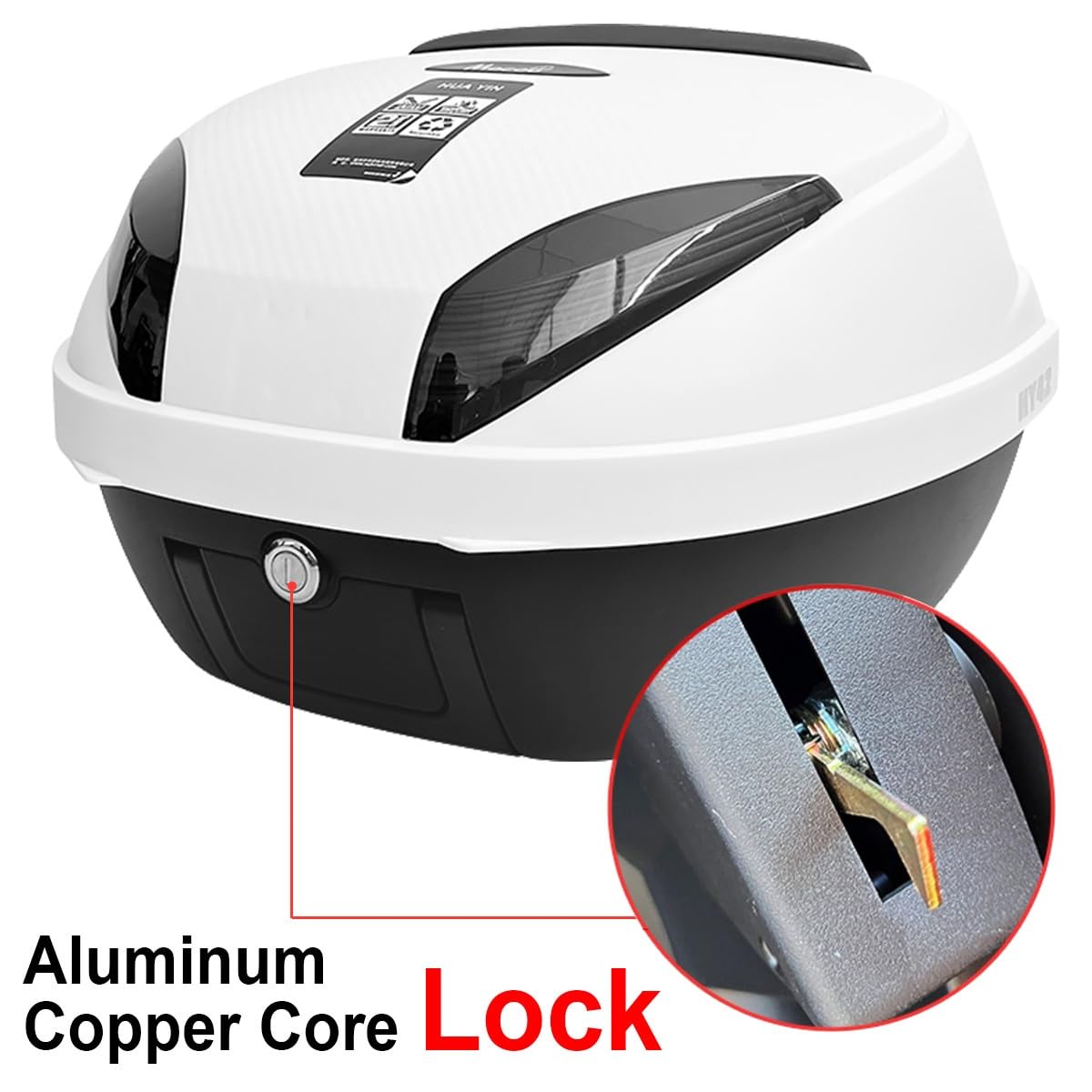 Motorradkoffer Top case Motorrad Tour Heckbox Kofferraum 42L Koffer,Scooter Kunststoffkoffer für Helmgepäck,wasserdichte Motorrad Top case abschließbar mit Rückenlehne,Platte - Weiß(Schwarz)