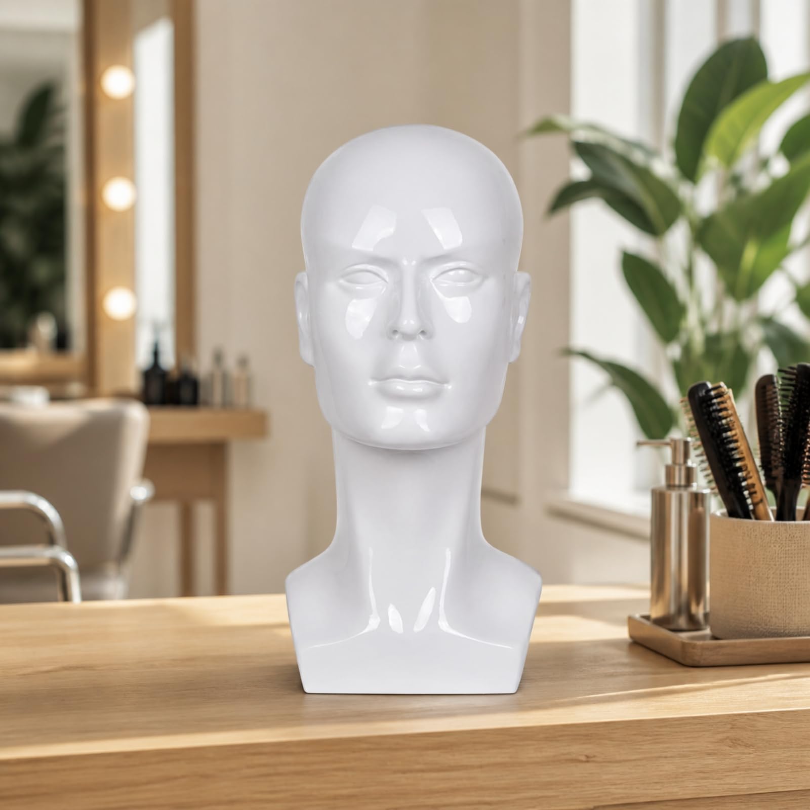 Testa di Manichino Maschile in PVC Neutro Testa Manichino Maschile Calva Realistico Busto Espositivo con Base Piatta per Costumi