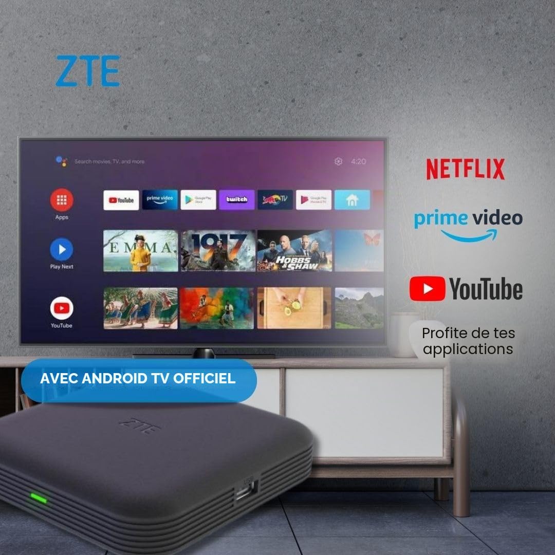 Boîtier Android TV ZTE 4K Android TV 10 | WiFi | Bluetooth 5.0 | Contrôle vocal Google Assistance | Compatible avec Chromecast | Compatible avec YouTube, Netflix, Prime Video