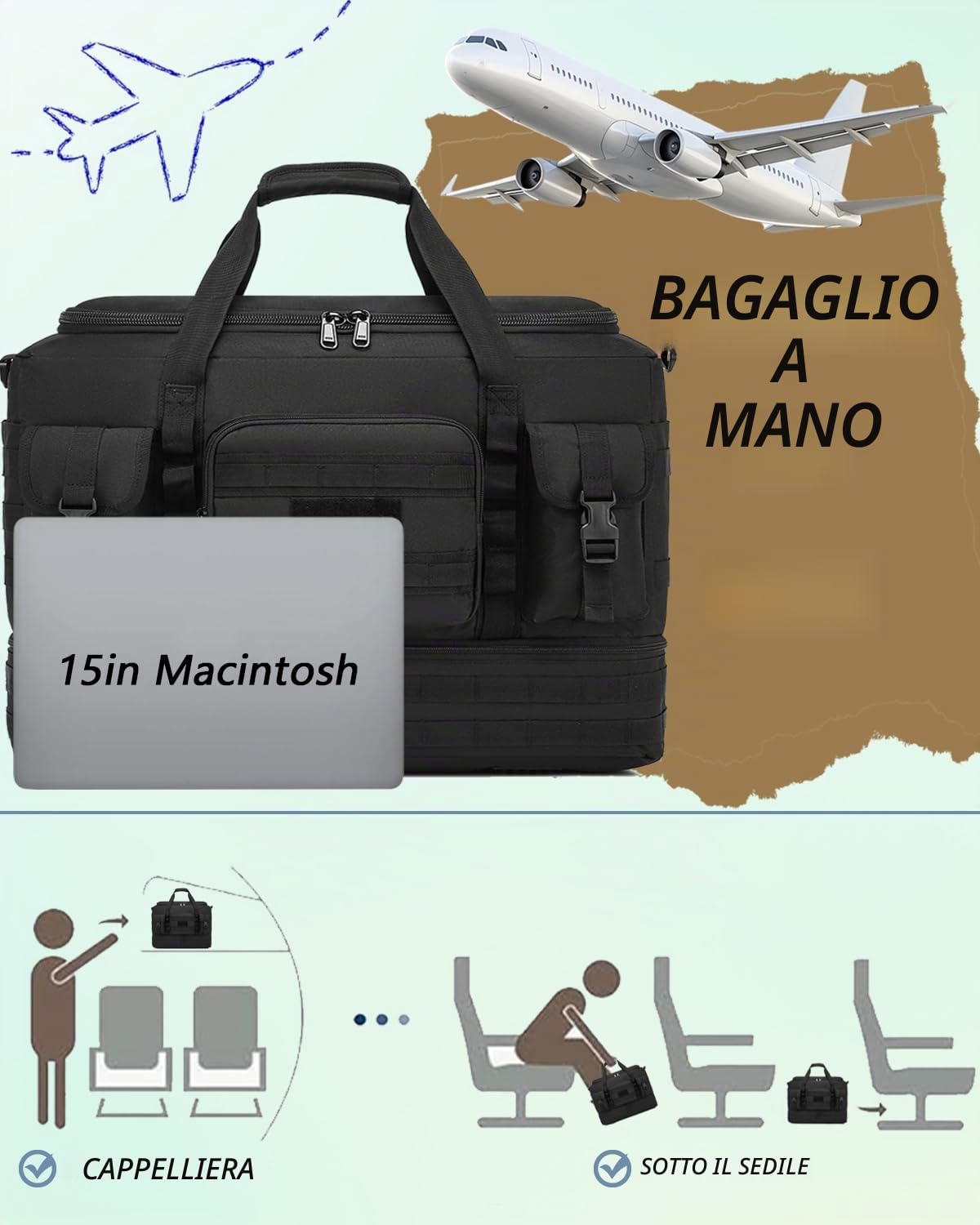 Borsone da viaggio da uomo da 50 l, borsa da palestra con set da toilette per fitness, weekender, campeggio