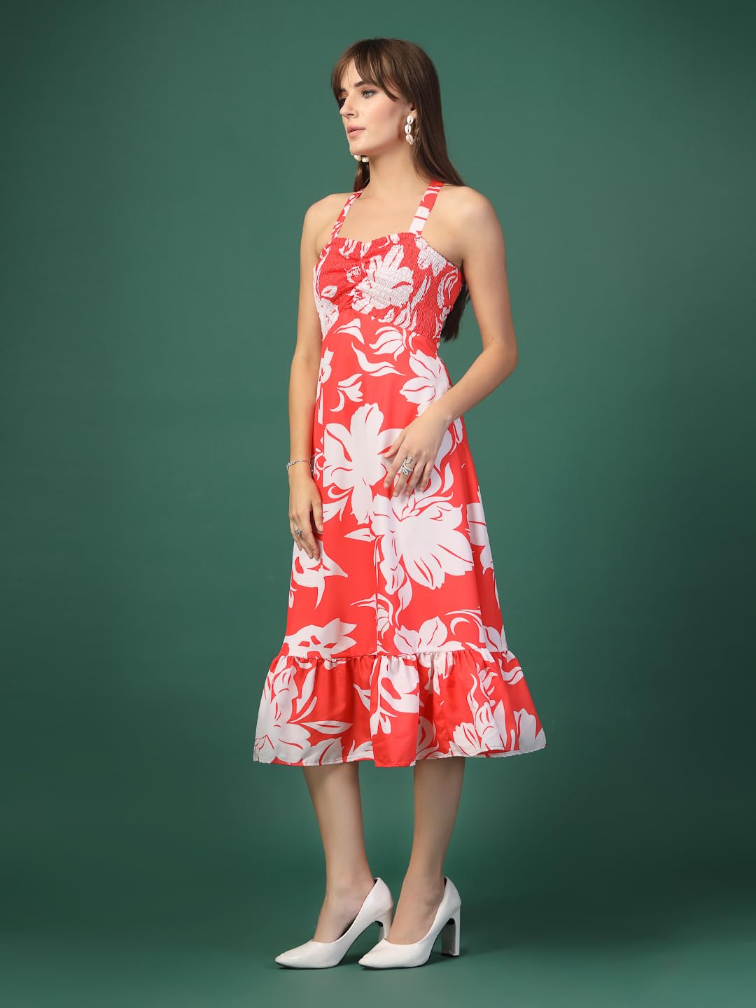 Oomph Women's Western & Fusion Wear Printed Crepe Dress For Women, Smocked Bodice, Red - Md1050