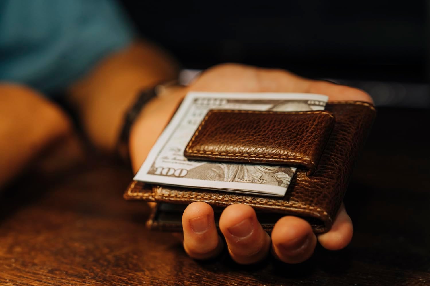 House of Jack Co. Ivor Bifold Money Clip Wallet for Men, Slim Front Pocket Wallet with Strong Magnetic Clip, Exterior ID Window, Full Grain Cowhide, Brown - Image 3