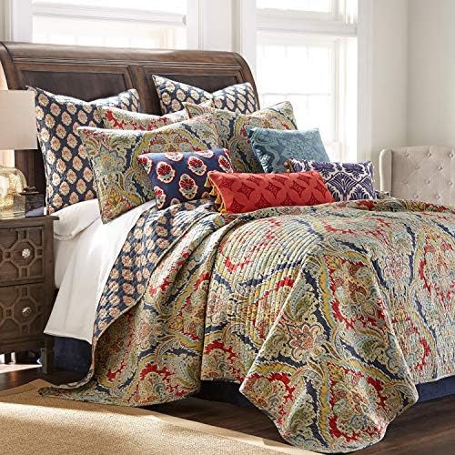Levtex Home - Moreno Quilt Set - King/Cal King Quilt + Two King Pillow Shams - Traditional Damask - Red, Blue, Grey, Gold, Teal - Quilt (106x92in.) and Pillow Shams (36x20in.) - Reversible - Cotton