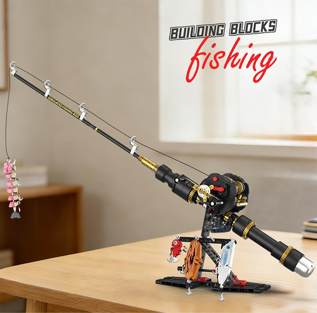 Juego de construcción de bloques de construcción de caña de pescar, 589 piezas de bloques de sujeción con carrete de cebo, MOC simulado ajustable Caña de pescar Set de construcción, regalos