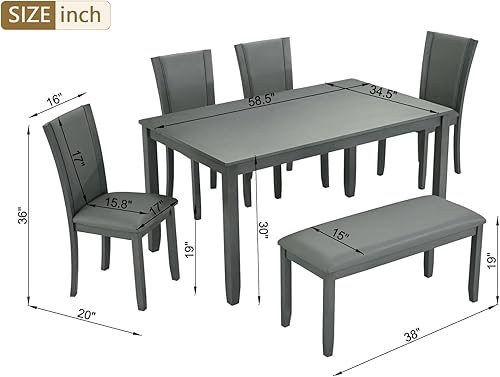 Miniatura 2 de Juego de mesa de comedor Trygoal para 6, juego de mesa de comedor de 6 piezas estilo granja con mesa rectangular, 4 sillas tapizadas con respaldo y