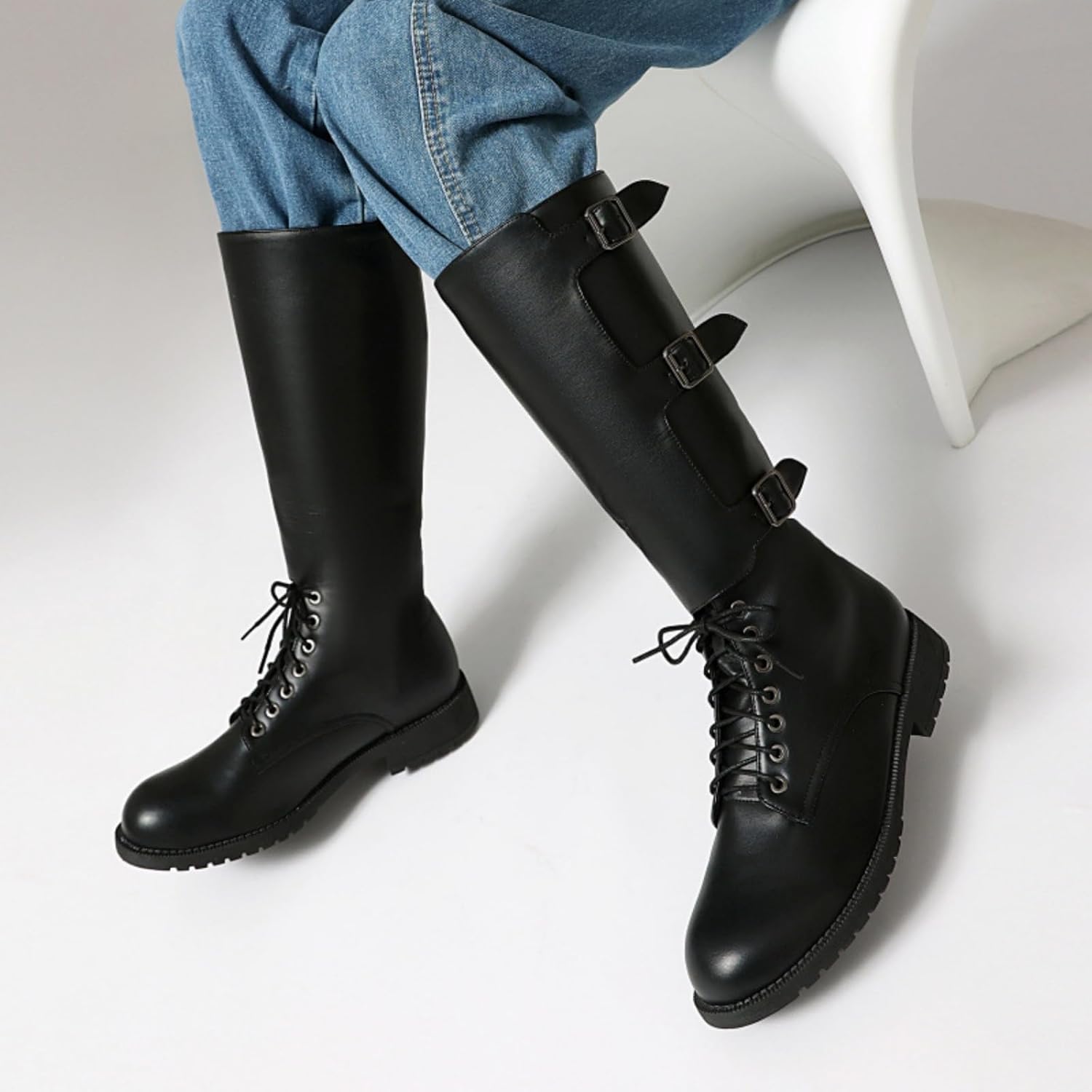 Men'S Retro Round Top High Calf Denim Boots With Lacing Buckle Design Flat Heel Fashionable For Combat And Riding. Suitable For Motorcycles Horseback Riding And Farm Work