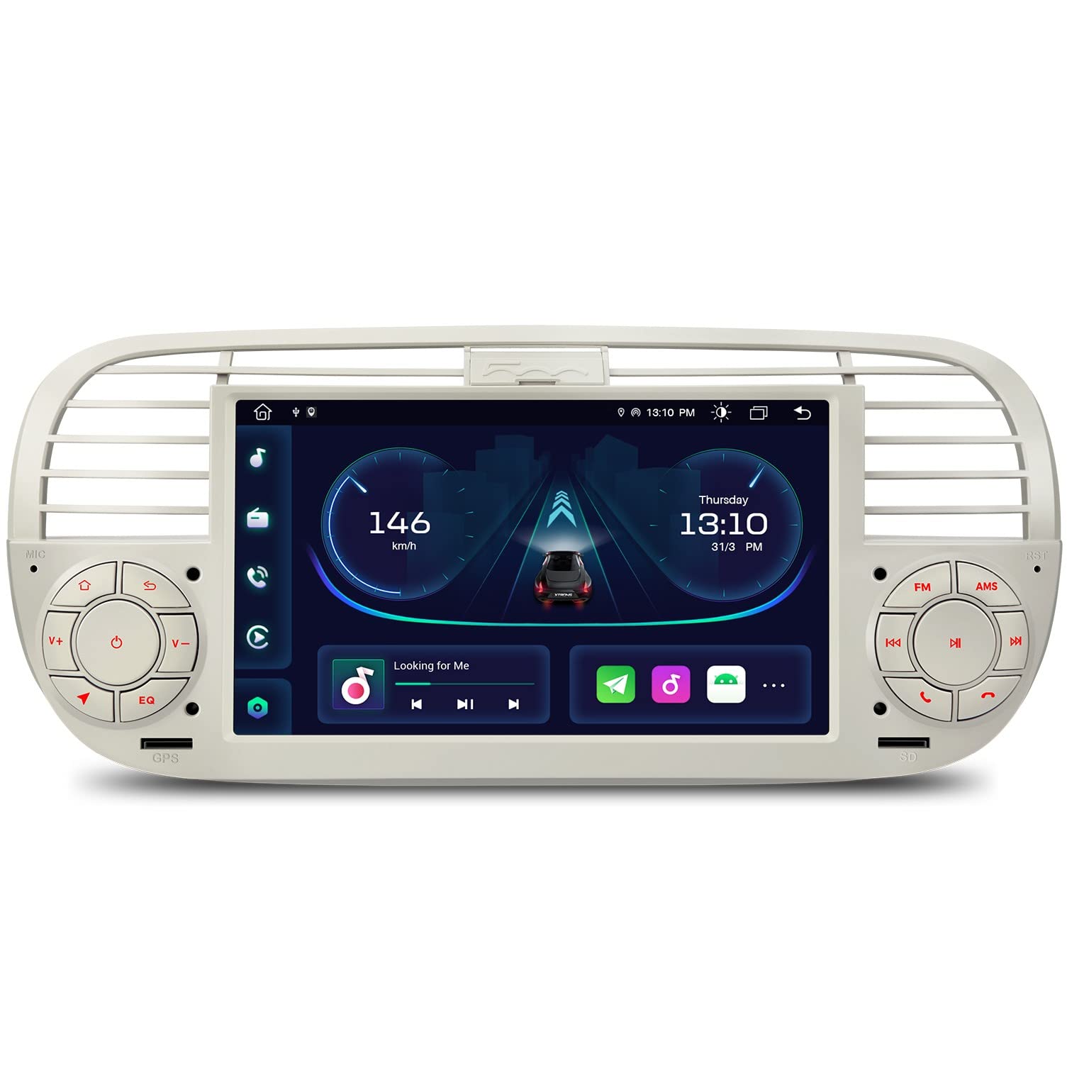 7 Inch Android 13 Car Stereo Radio Player 4+64GB, Built-in 4G Wireless GPS Navigation Car Play DSP RDS Radio Bluetooth WIFI, Support AHD CAM TPMS DVR DAB+for Fiat 500 (2007-2015) Cream