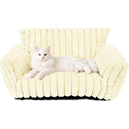 Pesonlook Cute Cat Couch for Pets - Fluffy Cat beds with Premium Soft Corduroy Fleece, Cozy Pet Sofa with Removable Washable Cover & Non-Slip Bottom, for Indoor Cats and Small Dogs, 30 Inch, Cream