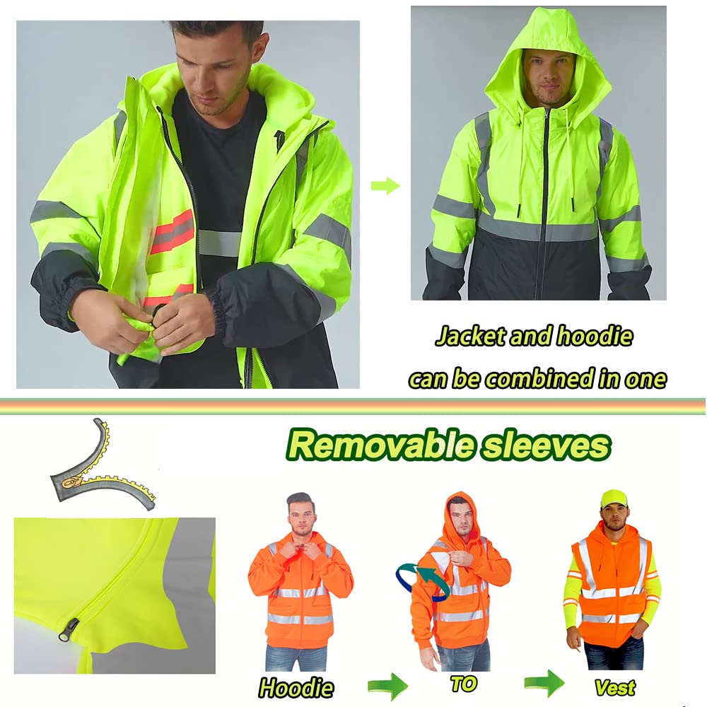 YOWESHOP High Visibility Reflective Winter Bomber Safety Jacket Waterproof Reflective Jacket for Men Hi Vis Construction Jackets?Hoodie(Black?XL)