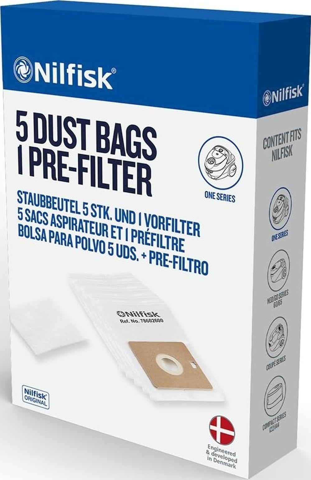Nilfisk 5 Original Dust Bags + Pre-filter - One, Coupé, Go and Force Vacuum Accessories (78602600)
