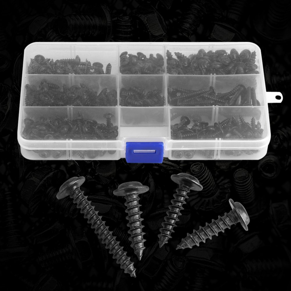 Lot De 340 Vis Autotaraudeuses à Tête Bombée – Noires, Acier Inox, Taille Variée