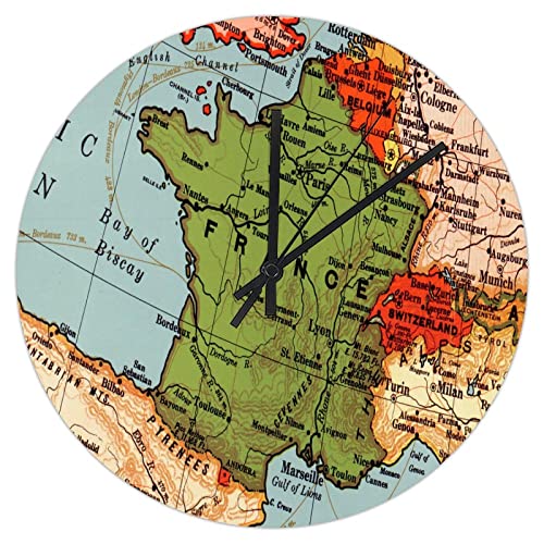 ArogGeld Antique France Map PVC Wall Clock Nation's Capital Frameless Clocks 10in Silent Non-Ticking Battery Operated Rustic Hanging Clock Home Decor for Living Room Kitchen Bedroom Bathroom