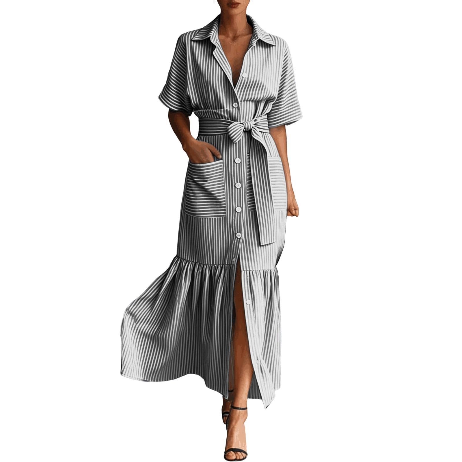 Vestido túnica a Rayas de Talla Grande, Estilo Casual, Holgado, de Manga Corta, Tipo Camisa, Blusa de Moda de Largo Midi.