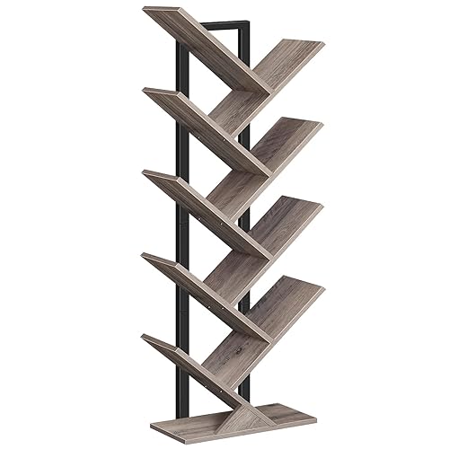HOOBRO Tree Bookshelf Tall, 9-Tier Floor Standing Book Shelf, Tall Bookcase for CDs Albums, for Living Room, Greige and Black EBG08SJ01G1 - Greige + Black