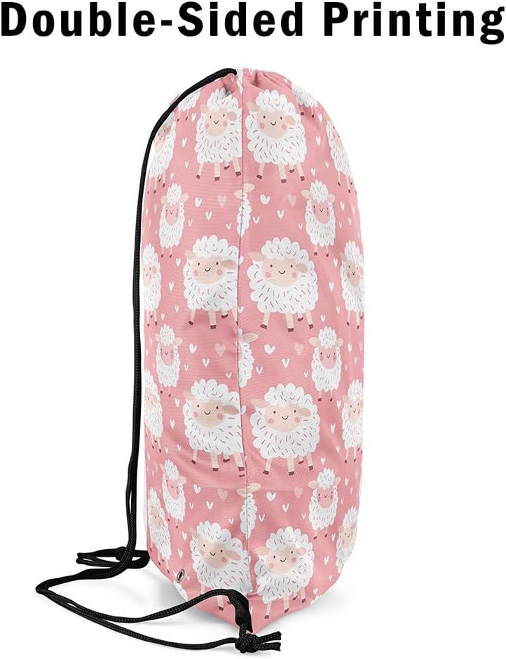 Cartoon Sheep Drawstring Backpack Gym Bag,Cute Love Heart Cinch Bag,Farmhouse Style Animals Foldable Draw String Back Bag Sports Bag