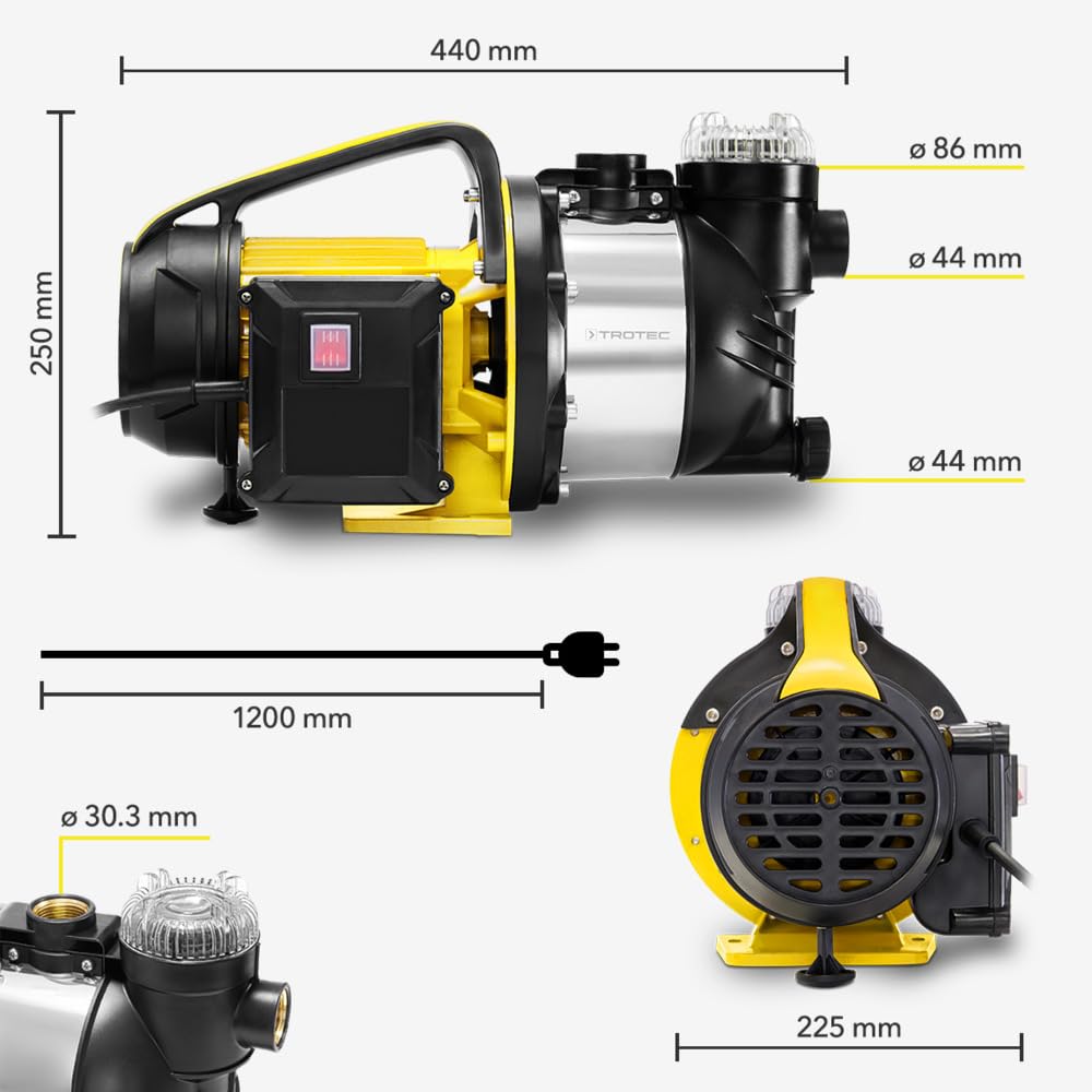 TROTEC Bomba de jardín TGP 4800 ESF – Bomba con potencia 4800 l/h, 1300 W – Presión de extracción 4,8 bar, altura de extracción 48 m, altura de aspiración 7 m, bomba de agua para barriles de lluvia,