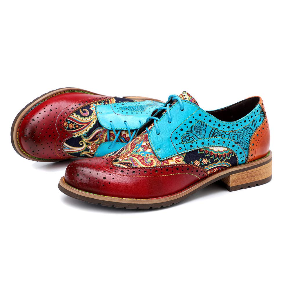 CrazycatZWomen's Leather Oxford Shoes Perforated Lace up Wingtip Colorful Leather Oxfords Vintage