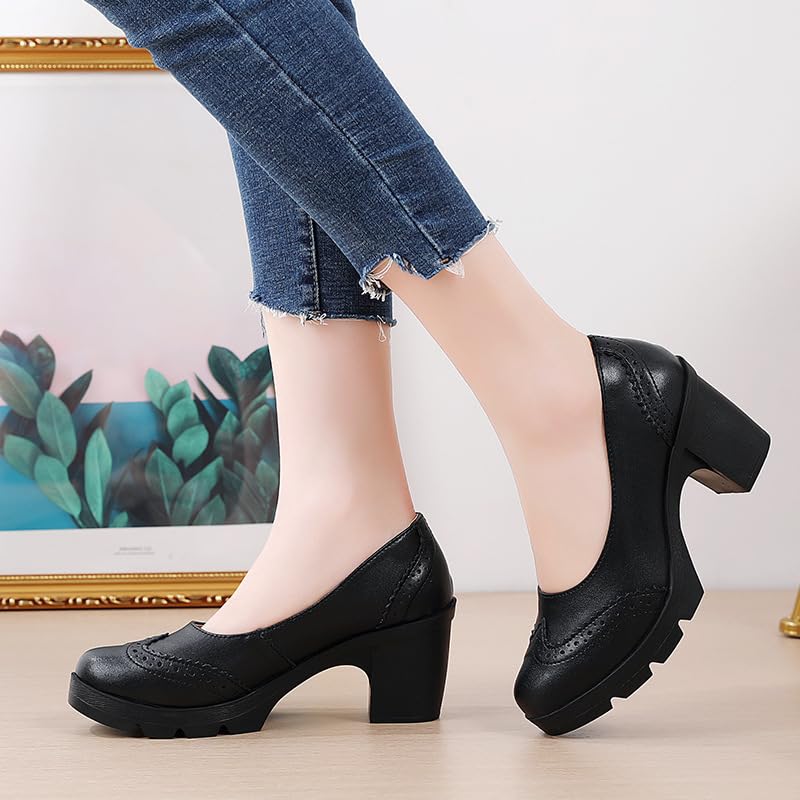 Women's Genuine Leather Brogue Wing Tip Chunky Block Heel Pumps Retro Round Toe Platform Lug Sole Non-Slip Comfortable Slip-On Office Dress Shoes for Walking Commuting Daily4