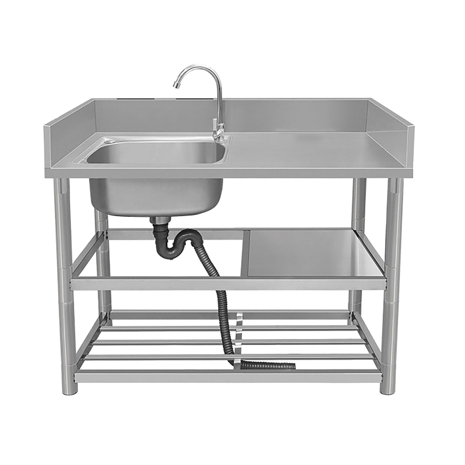 ZQFHSX Commercial Stainless Steel Kitchen Sink - Single Bowl 304 with Faucet Storage Shelves Workbench & Drainer Ideal for Indoor/Outdoor Restaurants Food Trucks Catering