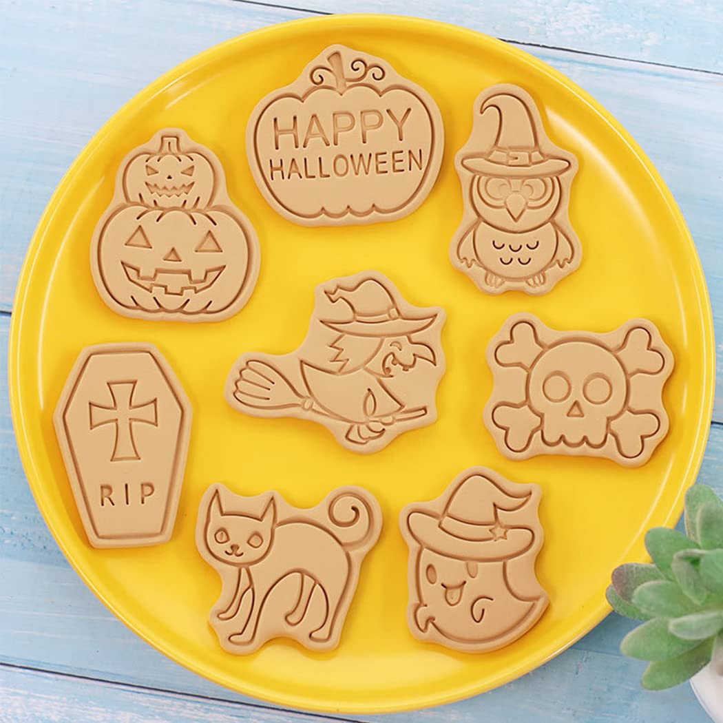 JFAN Formine Biscotti Halloween 3D in Plastica Stampi Biscotti Halloween 8 Pezzi Cookie Cutters Decorazione Torta di Zucca,M