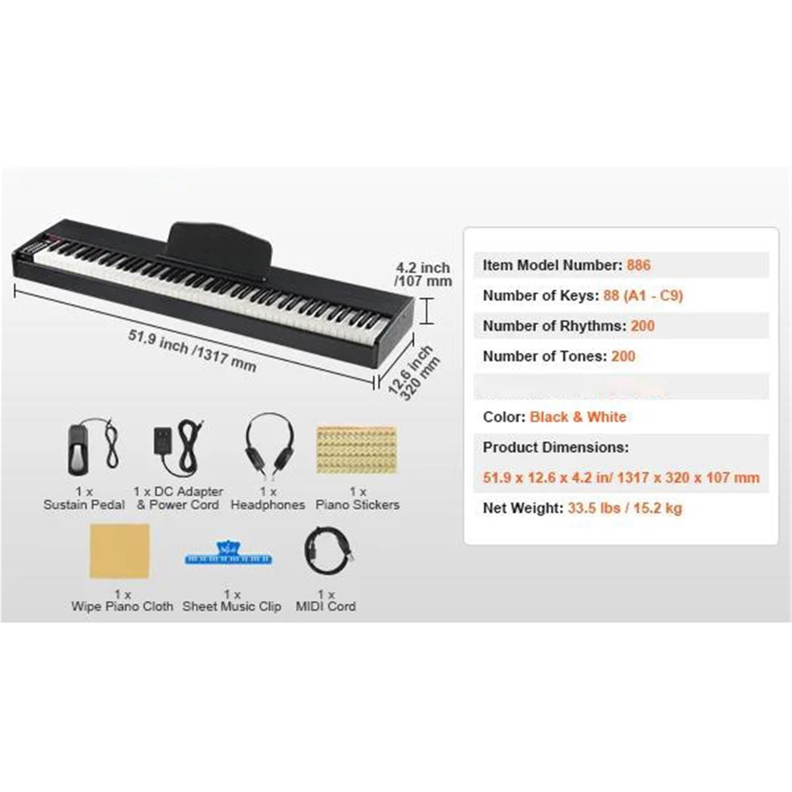 Pianino Elektroniczne 88 Klawiszowa W Pełni Ważona Klawiatura Pianina Elektrycznego I Głośniki 200 Tonów Rytmicznych(Type2)