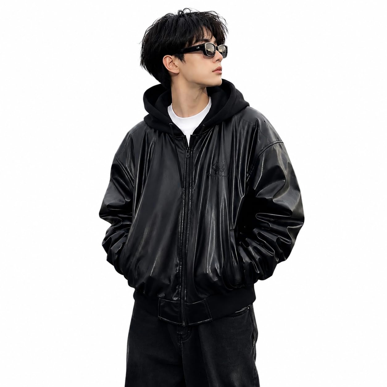 Men's Faux Leather Hooded Zip-Up Jacket | Black Casual Motorcycle Style Outerwear | Soft Comfortable Winter Jacket for Everyday Wear-picture-46