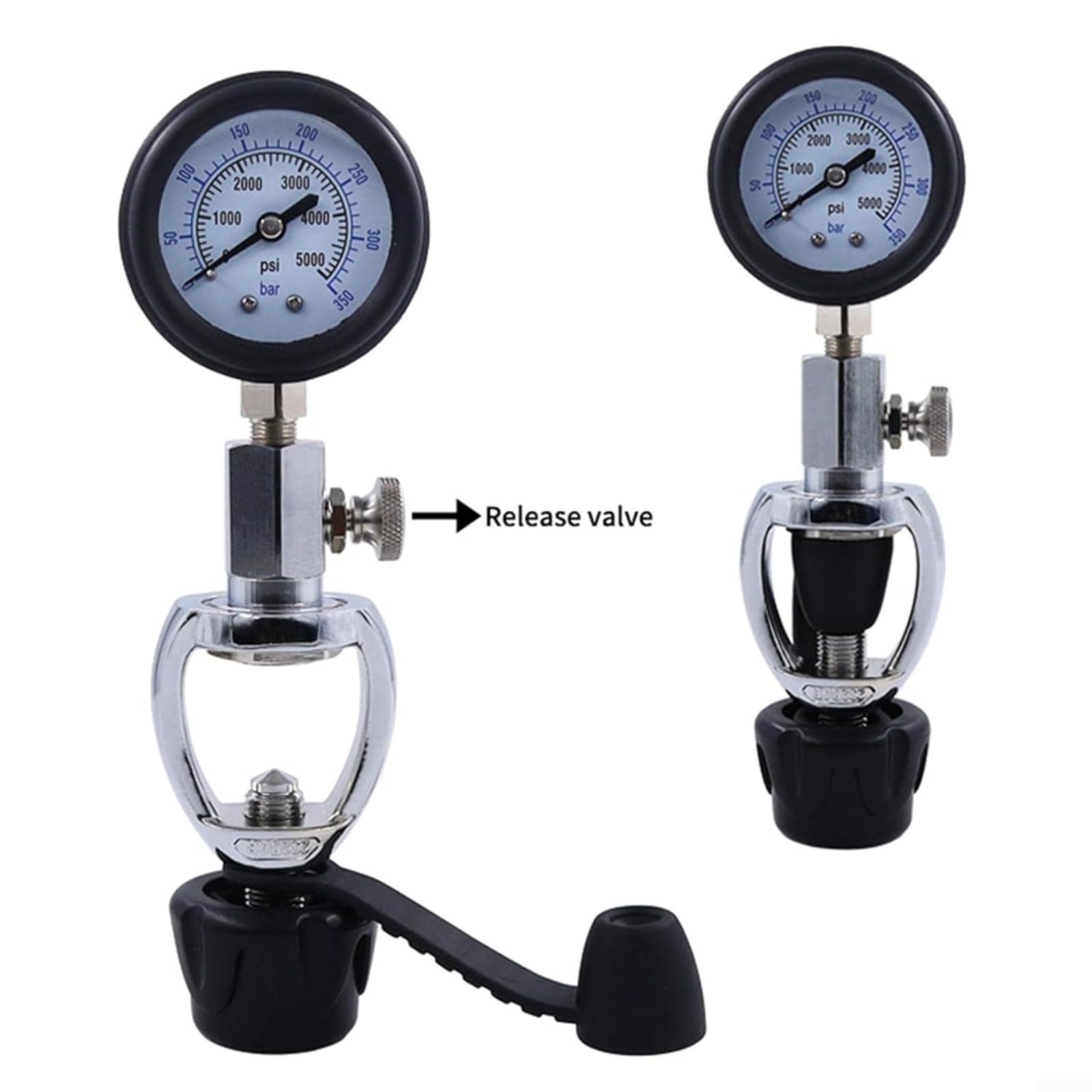 Medidor de cilindro de buceo de 5000 psi con válvula G5/8 con pantalla analógica protegida de goma para tanques de buceo, convertidor de latón compacto para tiendas de buceo, viajes