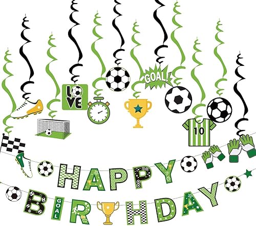Miniatura 1 de Decoraciones de fiesta de cumpleaños con temática de fútbol, remolinos colgantes de feliz cumpleaños para niños, suministros de fiesta de fútbol