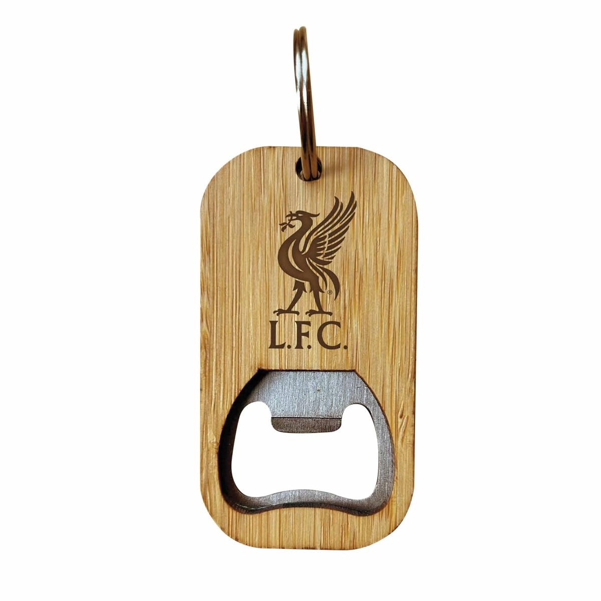 Liverpool F.c. Unisex Natural Bamboo And Silver Liverpool Fc Official Bamboo Bottle Opener Keyring, Liverbird Crest Design, 10Cm X 4Cm, 61G Gift